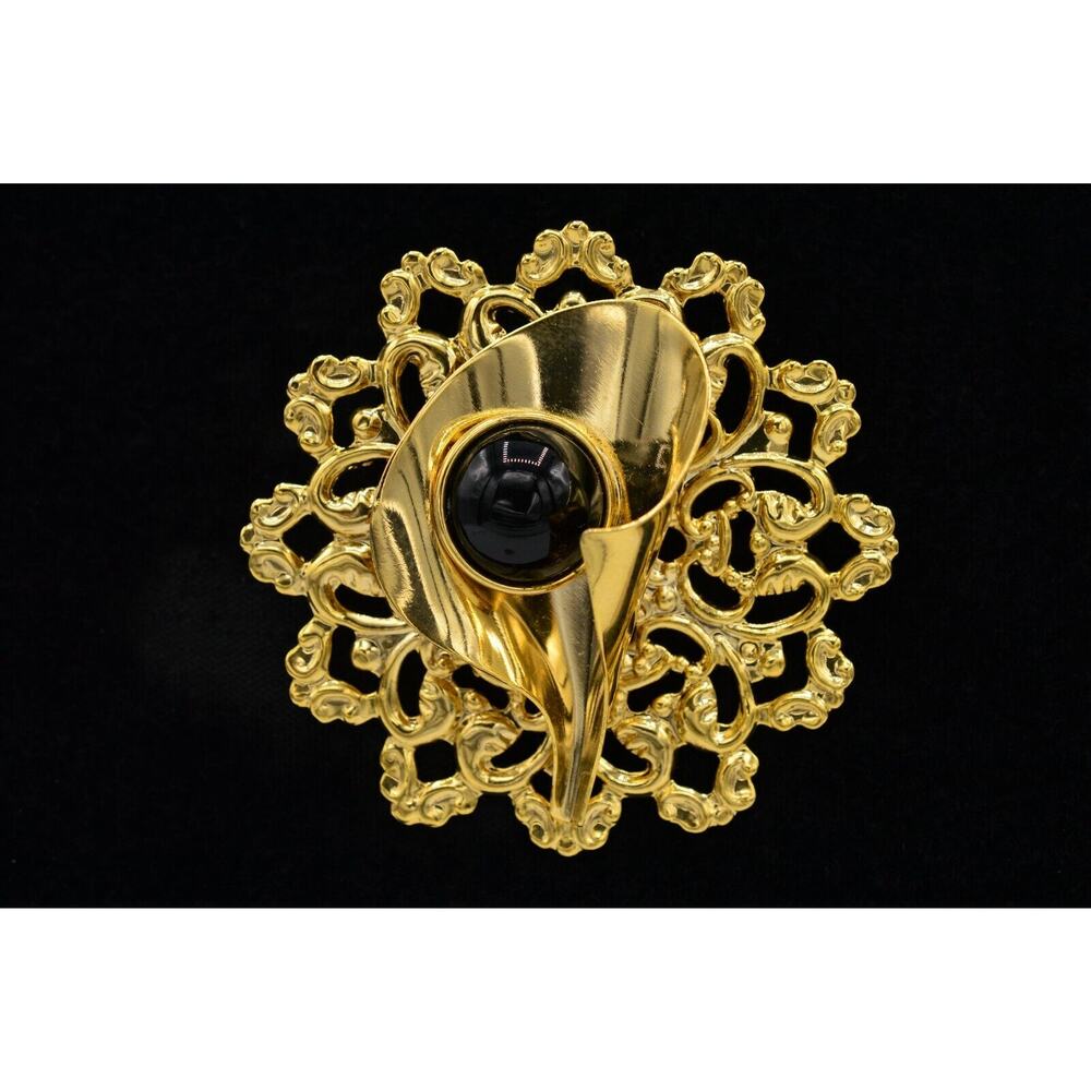 Vintage Cabochon Pin Brooch Brushed Gold Chunky Light Metal Filigree 1980s Bin1